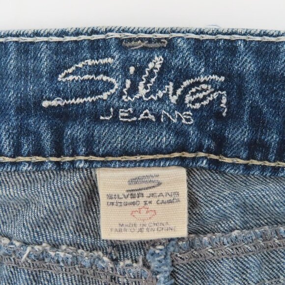 Silver Jeans Women 5 Twisted Bootcut Distressed Denim Solid Blue White Seams - Picture 10 of 15